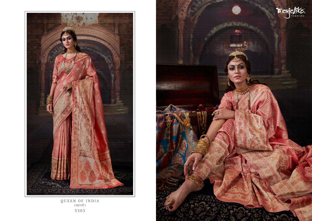 MAHARANI SILK BY MONJOLIKA 3301 TO 3305 SERIES INDIAN TRADITIONAL WEAR COLLECTION BEAUTIFUL STYLISH FANCY COLORFUL PARTY WEAR & OCCASIONAL WEAR BANARASI SILK SAREES AT WHOLESALE PRICE