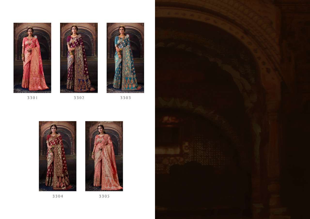 MAHARANI SILK BY MONJOLIKA 3301 TO 3305 SERIES INDIAN TRADITIONAL WEAR COLLECTION BEAUTIFUL STYLISH FANCY COLORFUL PARTY WEAR & OCCASIONAL WEAR BANARASI SILK SAREES AT WHOLESALE PRICE