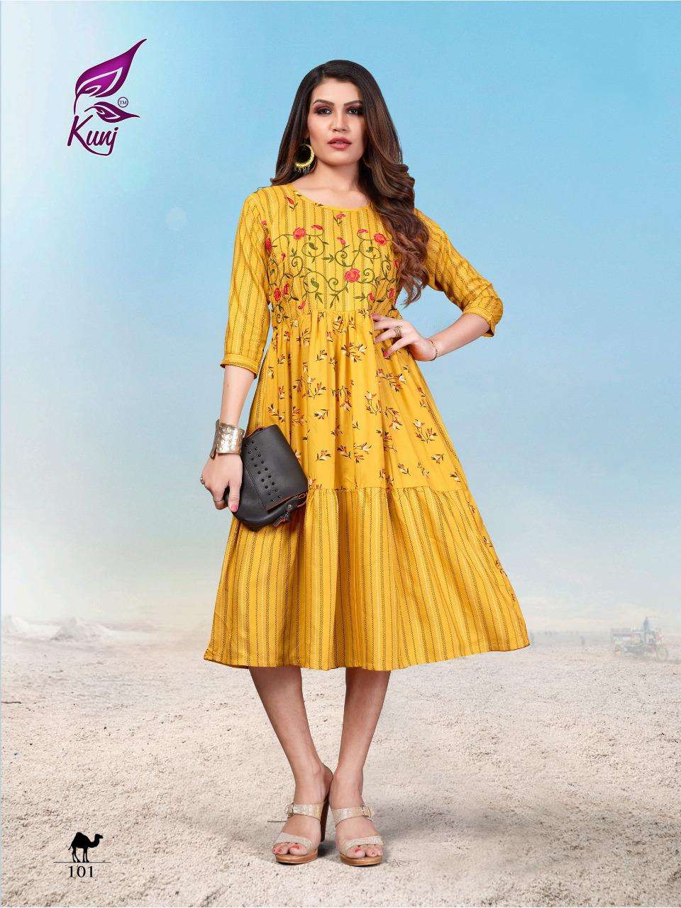 KIVI VOL-1 BY KUNJ 101 TO 106 SERIES BEAUTIFUL STYLISH FANCY COLORFUL CASUAL WEAR & ETHNIC WEAR & READY TO WEAR RAYON PRINT KURTIS AT WHOLESALE PRICE