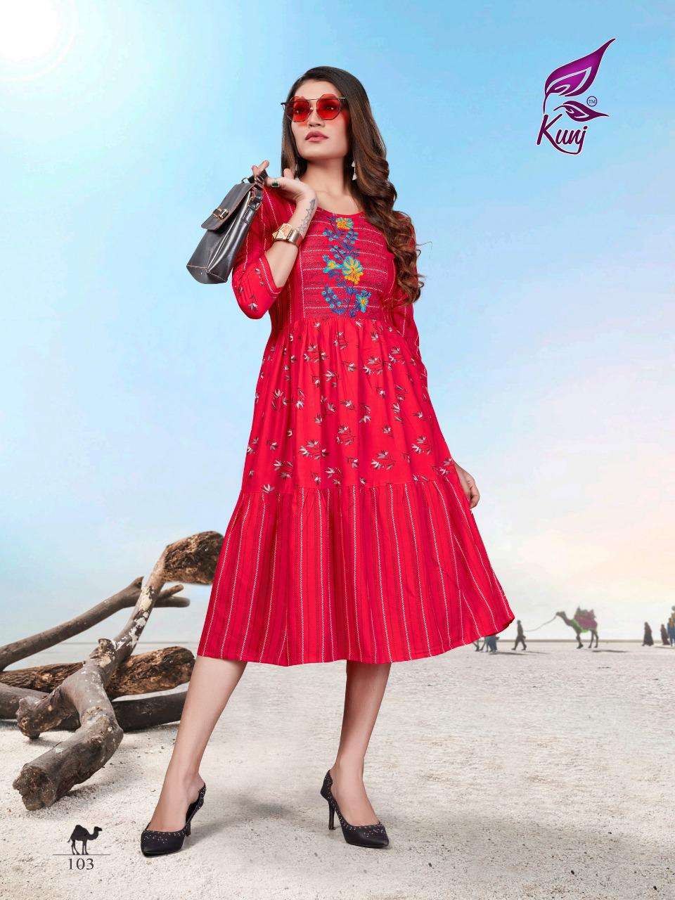 KIVI VOL-1 BY KUNJ 101 TO 106 SERIES BEAUTIFUL STYLISH FANCY COLORFUL CASUAL WEAR & ETHNIC WEAR & READY TO WEAR RAYON PRINT KURTIS AT WHOLESALE PRICE