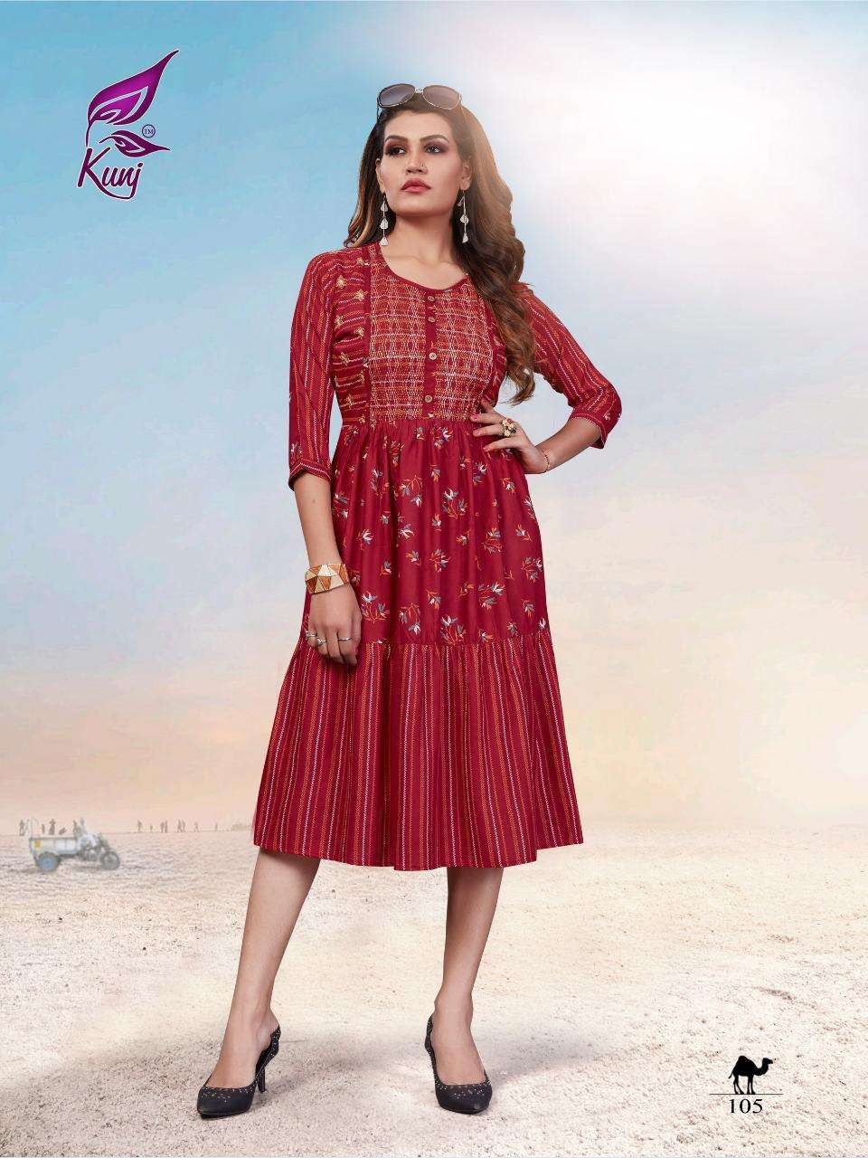 KIVI VOL-1 BY KUNJ 101 TO 106 SERIES BEAUTIFUL STYLISH FANCY COLORFUL CASUAL WEAR & ETHNIC WEAR & READY TO WEAR RAYON PRINT KURTIS AT WHOLESALE PRICE