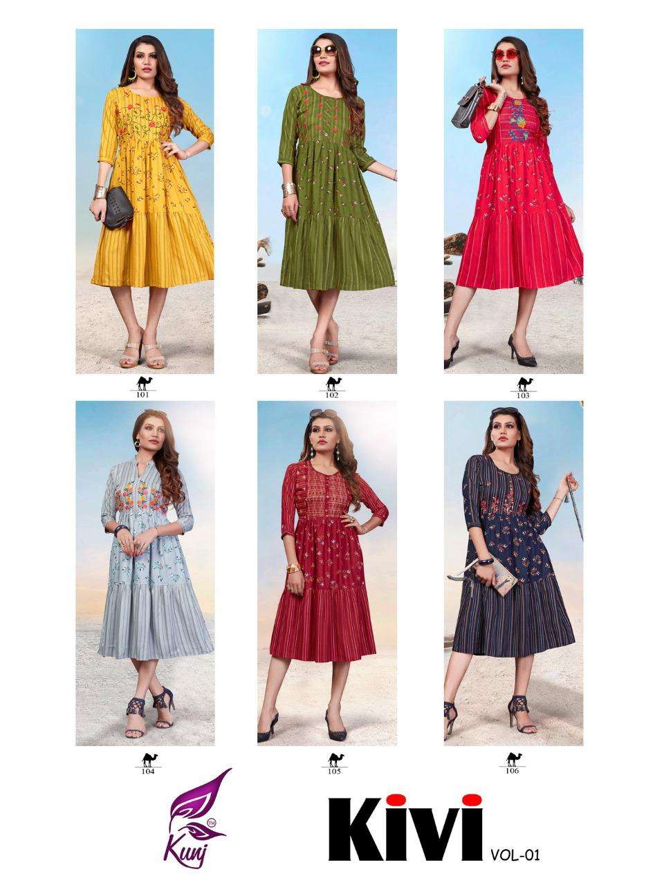 KIVI VOL-1 BY KUNJ 101 TO 106 SERIES BEAUTIFUL STYLISH FANCY COLORFUL CASUAL WEAR & ETHNIC WEAR & READY TO WEAR RAYON PRINT KURTIS AT WHOLESALE PRICE