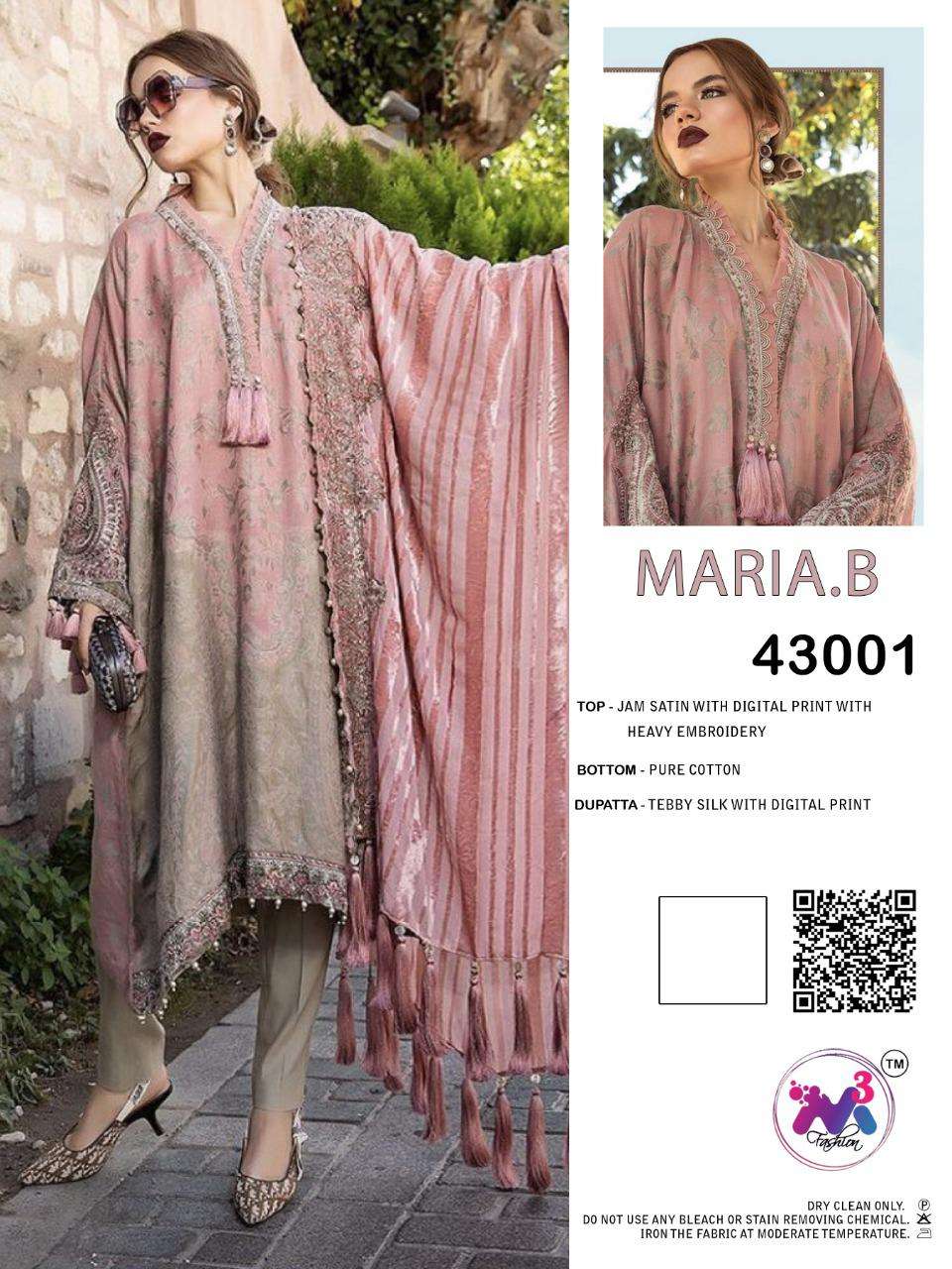 MARIA.B PREMIUM LAWN EMBROIDERED BY M3 FASHION 43001 TO 43003 SERIES PAKISTANI SUITS BEAUTIFUL FANCY COLORFUL STYLISH PARTY WEAR & OCCASIONAL WEAR JAM SATIN PRINT WITH EMBROIDERY DRESSES AT WHOLESALE PRICE