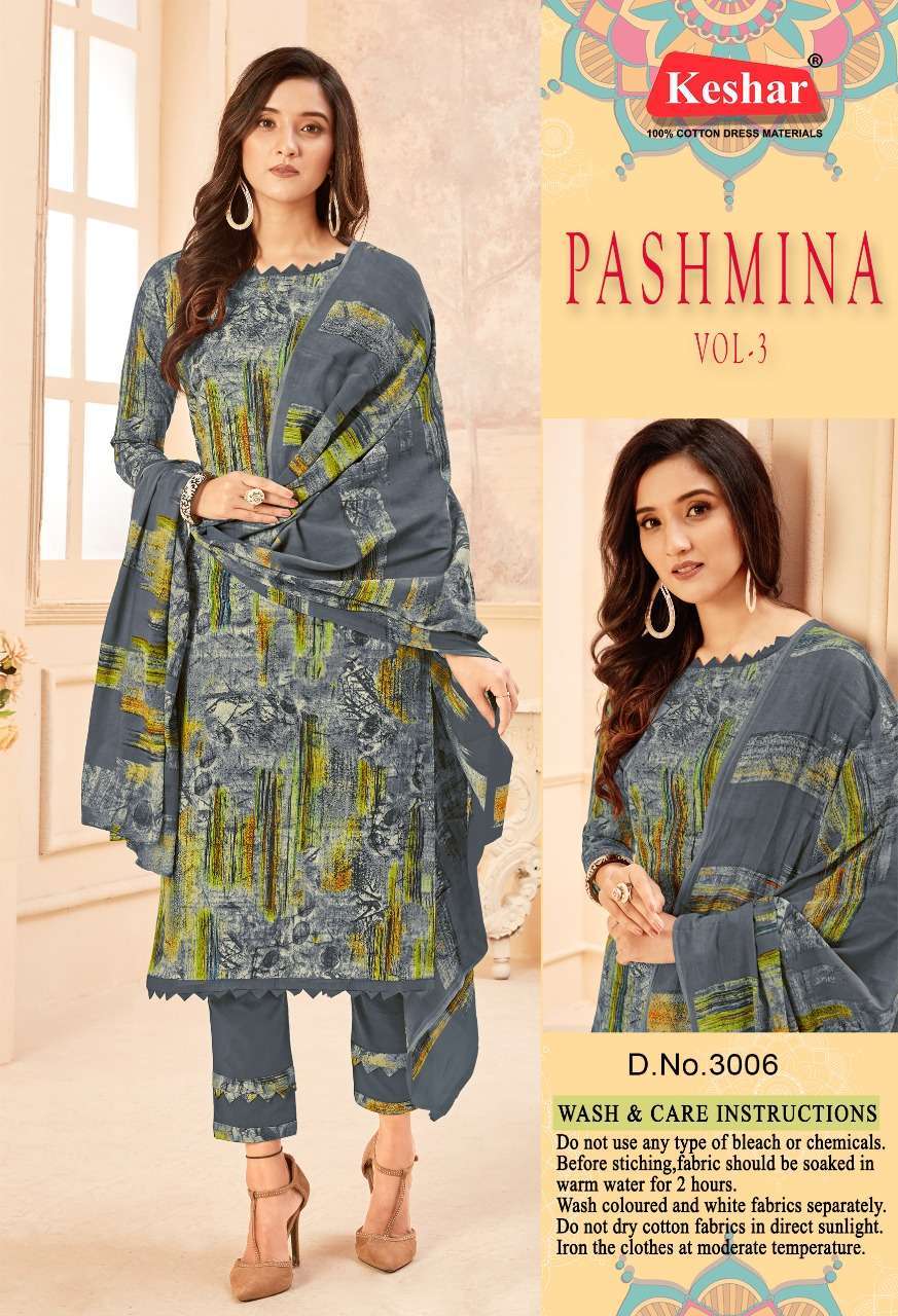 PASHMINA VOL-3 BY KESHAR 3001 TO 3010 SERIES BEAUTIFUL STYLISH SUITS FANCY COLORFUL CASUAL WEAR & ETHNIC WEAR & READY TO WEAR PURE COTTON DRESSES AT WHOLESALE PRICE