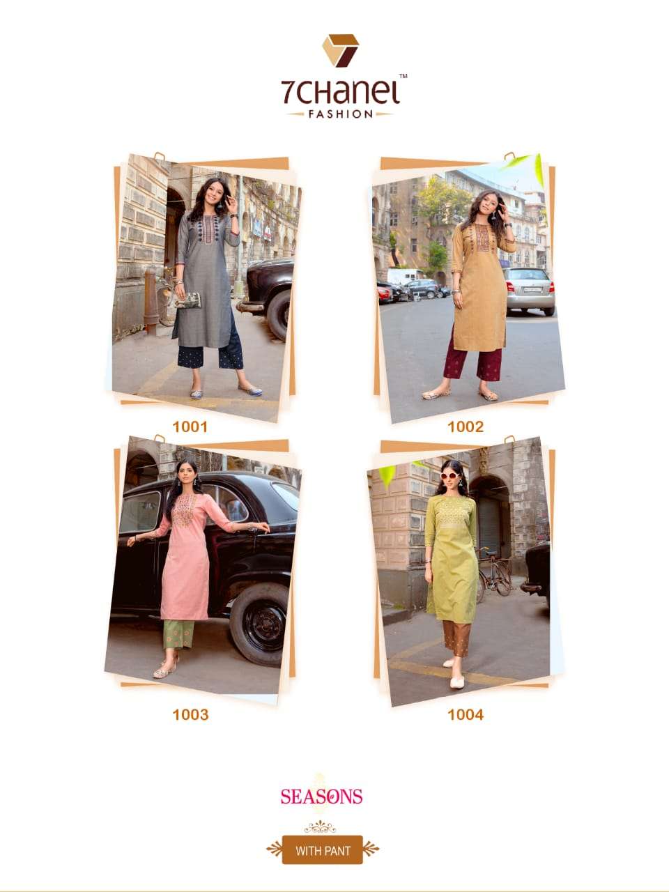 SEASONS BY 7 CHANEL 1001 TO 1004 SERIES STYLISH FANCY BEAUTIFUL COLORFUL CASUAL WEAR & ETHNIC WEAR PURE COTTON KURTIS WITH BOTTOM AT WHOLESALE PRICE