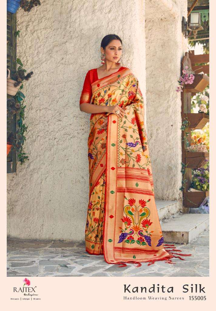 KANDITA SILK BY RAJ TEX 155005 TO 155009 SERIES INDIAN TRADITIONAL WEAR COLLECTION BEAUTIFUL STYLISH FANCY COLORFUL PARTY WEAR & OCCASIONAL WEAR PURE SILK WEAVING SAREES AT WHOLESALE PRICE