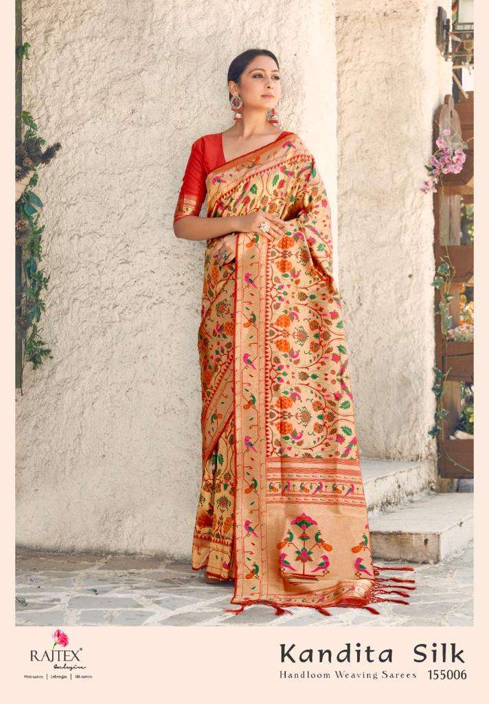 KANDITA SILK BY RAJ TEX 155005 TO 155009 SERIES INDIAN TRADITIONAL WEAR COLLECTION BEAUTIFUL STYLISH FANCY COLORFUL PARTY WEAR & OCCASIONAL WEAR PURE SILK WEAVING SAREES AT WHOLESALE PRICE