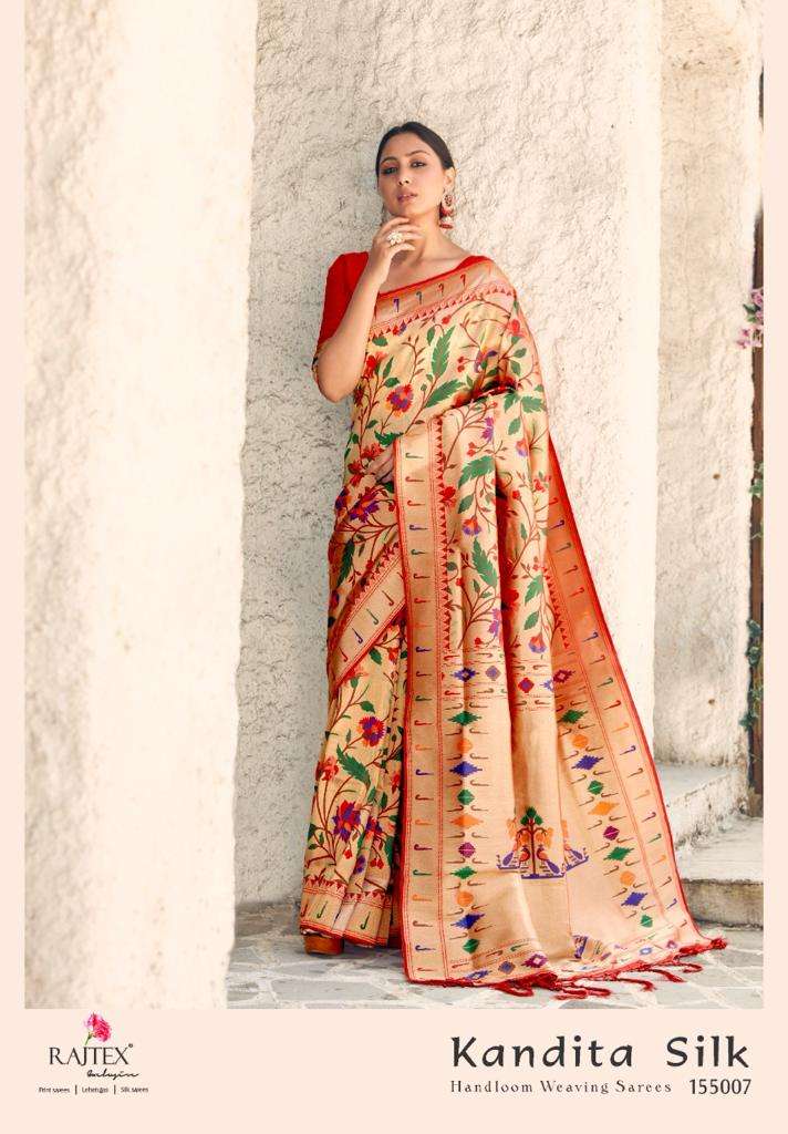 KANDITA SILK BY RAJ TEX 155005 TO 155009 SERIES INDIAN TRADITIONAL WEAR COLLECTION BEAUTIFUL STYLISH FANCY COLORFUL PARTY WEAR & OCCASIONAL WEAR PURE SILK WEAVING SAREES AT WHOLESALE PRICE