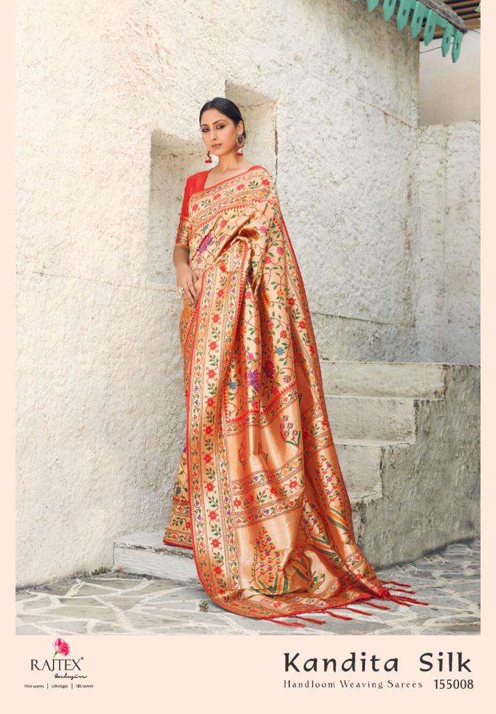 KANDITA SILK BY RAJ TEX 155005 TO 155009 SERIES INDIAN TRADITIONAL WEAR COLLECTION BEAUTIFUL STYLISH FANCY COLORFUL PARTY WEAR & OCCASIONAL WEAR PURE SILK WEAVING SAREES AT WHOLESALE PRICE