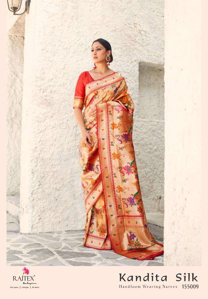 KANDITA SILK BY RAJ TEX 155005 TO 155009 SERIES INDIAN TRADITIONAL WEAR COLLECTION BEAUTIFUL STYLISH FANCY COLORFUL PARTY WEAR & OCCASIONAL WEAR PURE SILK WEAVING SAREES AT WHOLESALE PRICE