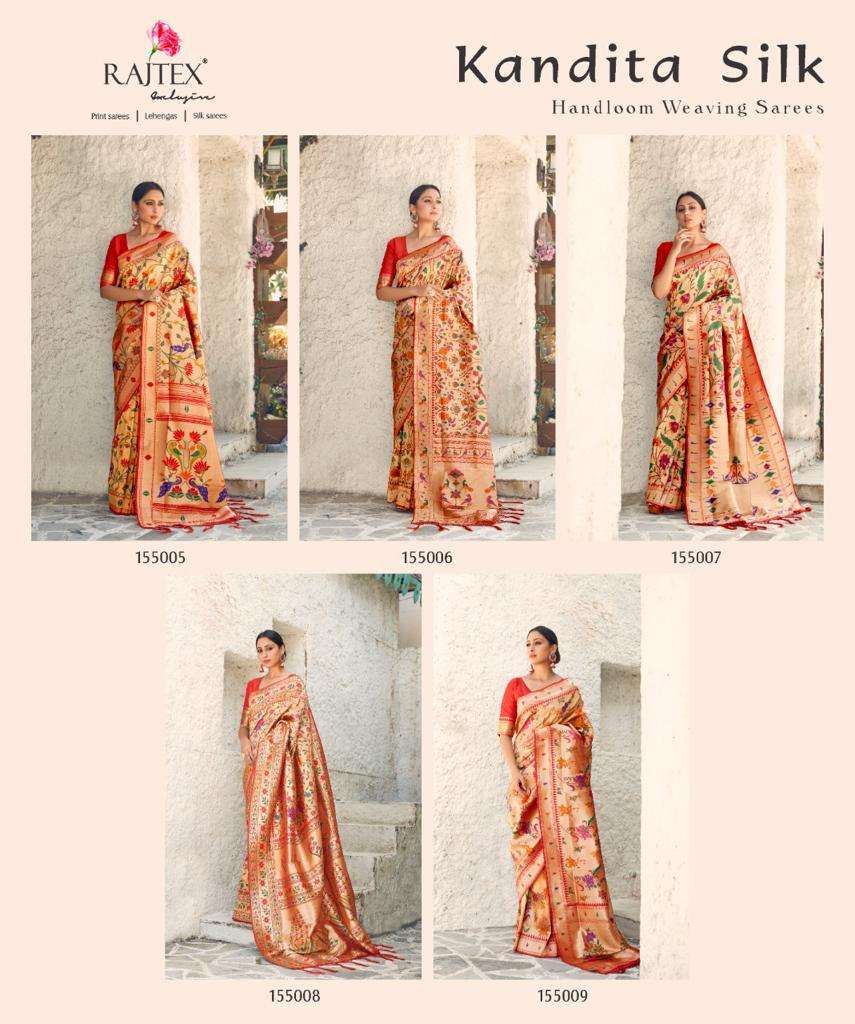 KANDITA SILK BY RAJ TEX 155005 TO 155009 SERIES INDIAN TRADITIONAL WEAR COLLECTION BEAUTIFUL STYLISH FANCY COLORFUL PARTY WEAR & OCCASIONAL WEAR PURE SILK WEAVING SAREES AT WHOLESALE PRICE