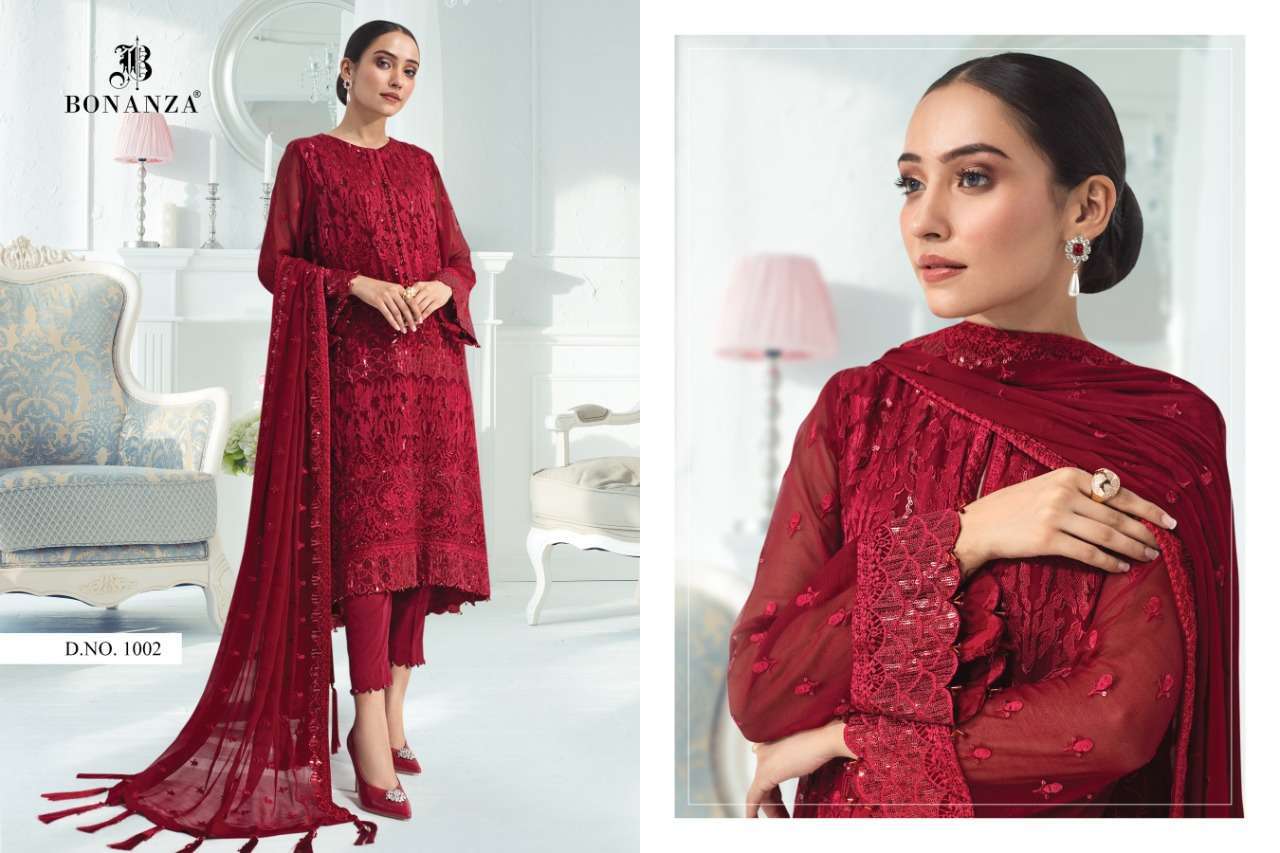 ALIZEH VOL-1 BY BONANZA 1001 TO 1003 SERIES BEAUTIFUL SUITS STYLISH FANCY COLORFUL PARTY WEAR & OCCASIONAL WEAR FAUX GEORGETTE EMBROIDERED DRESSES AT WHOLESALE PRICE