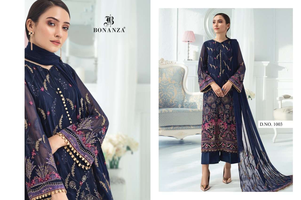 ALIZEH VOL-1 BY BONANZA 1001 TO 1003 SERIES BEAUTIFUL SUITS STYLISH FANCY COLORFUL PARTY WEAR & OCCASIONAL WEAR FAUX GEORGETTE EMBROIDERED DRESSES AT WHOLESALE PRICE