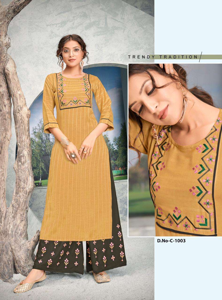 GUZAARISH BY RT 1001 TO 1005 SERIES STYLISH FANCY BEAUTIFUL COLORFUL CASUAL WEAR & ETHNIC WEAR RAYON WEAVING EMBROIDERED KURTIS WITH BOTTOM AT WHOLESALE PRICE
