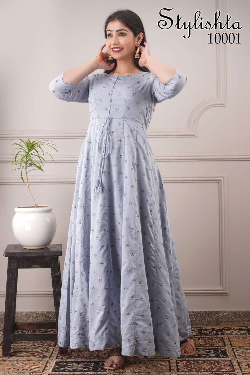 Stylishta Vol-10 By Kaamiri 10001 To 10004 Series Beautiful Stylish Fancy Colorful Casual Wear & Ethnic Wear & Ready To Wear Pure Chanderi Printed Gowns At Wholesale Price