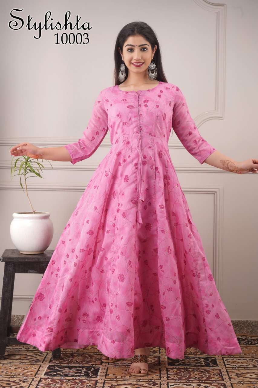 Stylishta Vol-10 By Kaamiri 10001 To 10004 Series Beautiful Stylish Fancy Colorful Casual Wear & Ethnic Wear & Ready To Wear Pure Chanderi Printed Gowns At Wholesale Price