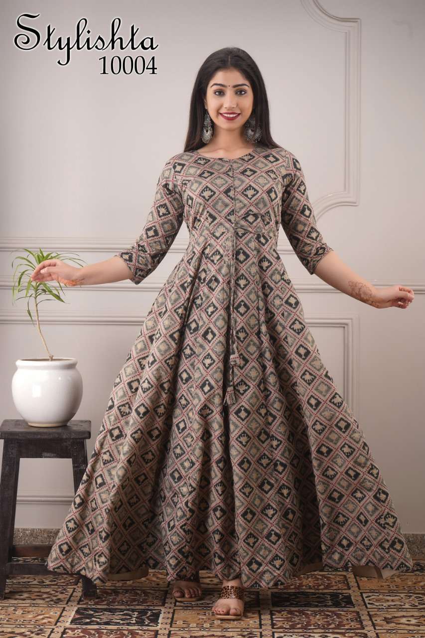 Stylishta Vol-10 By Kaamiri 10001 To 10004 Series Beautiful Stylish Fancy Colorful Casual Wear & Ethnic Wear & Ready To Wear Pure Chanderi Printed Gowns At Wholesale Price