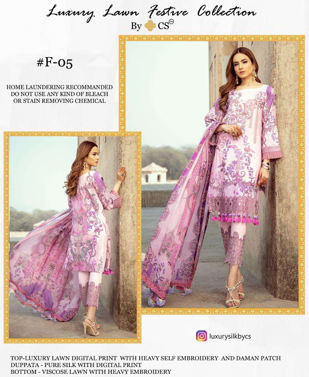 LUXURY LAWN FESTIVE COLLECTION BY CS F-05 TO F-09 SERIES BEAUTIFUL SUITS STYLISH FANCY COLORFUL PARTY WEAR & OCCASIONAL WEAR LUXURY LAWN DIGITAL PRINT AT WHOLESALE PRICE