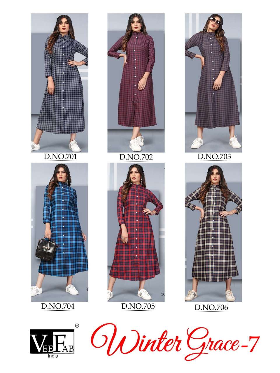 WINTER GRACE VOL-7 BY VEE FAB 701 TO 706 SERIES BEAUTIFUL COLORFUL STYLISH FANCY CASUAL WEAR & ETHNIC WEAR & READY TO WEAR PRINTED KURTIS  AT WHOLESALE PRICE