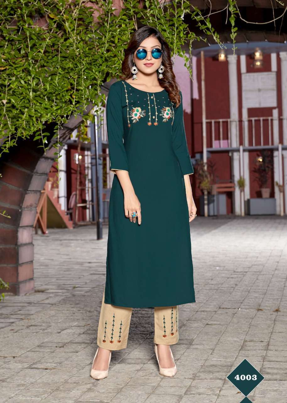 LIME LIGHT BY 4 COLOURS 4001 TO 4005 SERIES STYLISH FANCY BEAUTIFUL COLORFUL CASUAL WEAR & ETHNIC WEAR HEAVY RAYON EMBROIDERED KURTIS WITH BOTTOM AT WHOLESALE PRICE