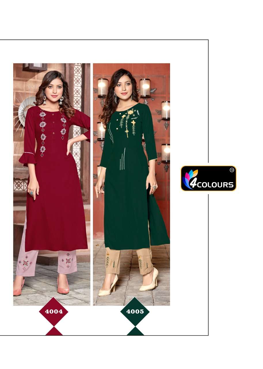 LIME LIGHT BY 4 COLOURS 4001 TO 4005 SERIES STYLISH FANCY BEAUTIFUL COLORFUL CASUAL WEAR & ETHNIC WEAR HEAVY RAYON EMBROIDERED KURTIS WITH BOTTOM AT WHOLESALE PRICE
