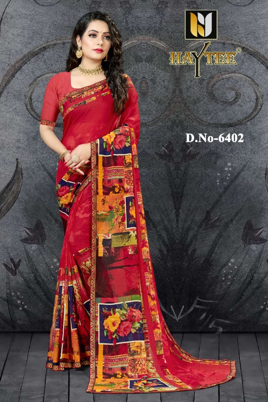 FUZZY VOL-19 BY HAYTEE 6400 TO 6407 SERIES INDIAN TRADITIONAL WEAR COLLECTION BEAUTIFUL STYLISH FANCY COLORFUL PARTY WEAR & OCCASIONAL WEAR RENIAL PRINT SAREES AT WHOLESALE PRICE