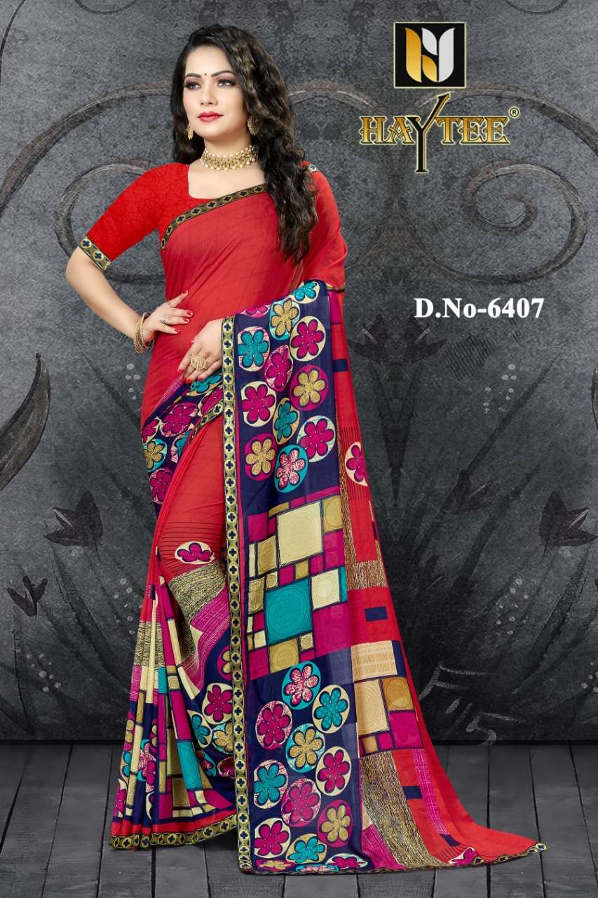 FUZZY VOL-19 BY HAYTEE 6400 TO 6407 SERIES INDIAN TRADITIONAL WEAR COLLECTION BEAUTIFUL STYLISH FANCY COLORFUL PARTY WEAR & OCCASIONAL WEAR RENIAL PRINT SAREES AT WHOLESALE PRICE