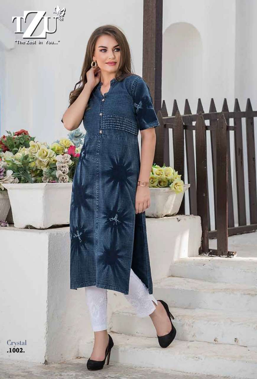 CRYSTAL BY TZU 1001 TO 1005 SERIES BEAUTIFUL STYLISH FANCY COLORFUL CASUAL WEAR & ETHNIC WEAR DENIM PRINTED KURTIS AT WHOLESALE PRICE