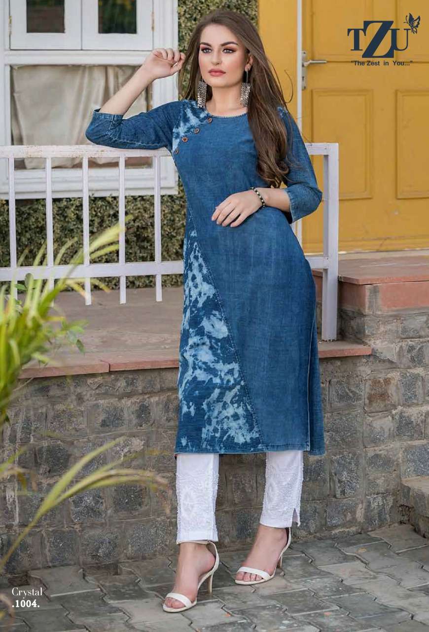 CRYSTAL BY TZU 1001 TO 1005 SERIES BEAUTIFUL STYLISH FANCY COLORFUL CASUAL WEAR & ETHNIC WEAR DENIM PRINTED KURTIS AT WHOLESALE PRICE