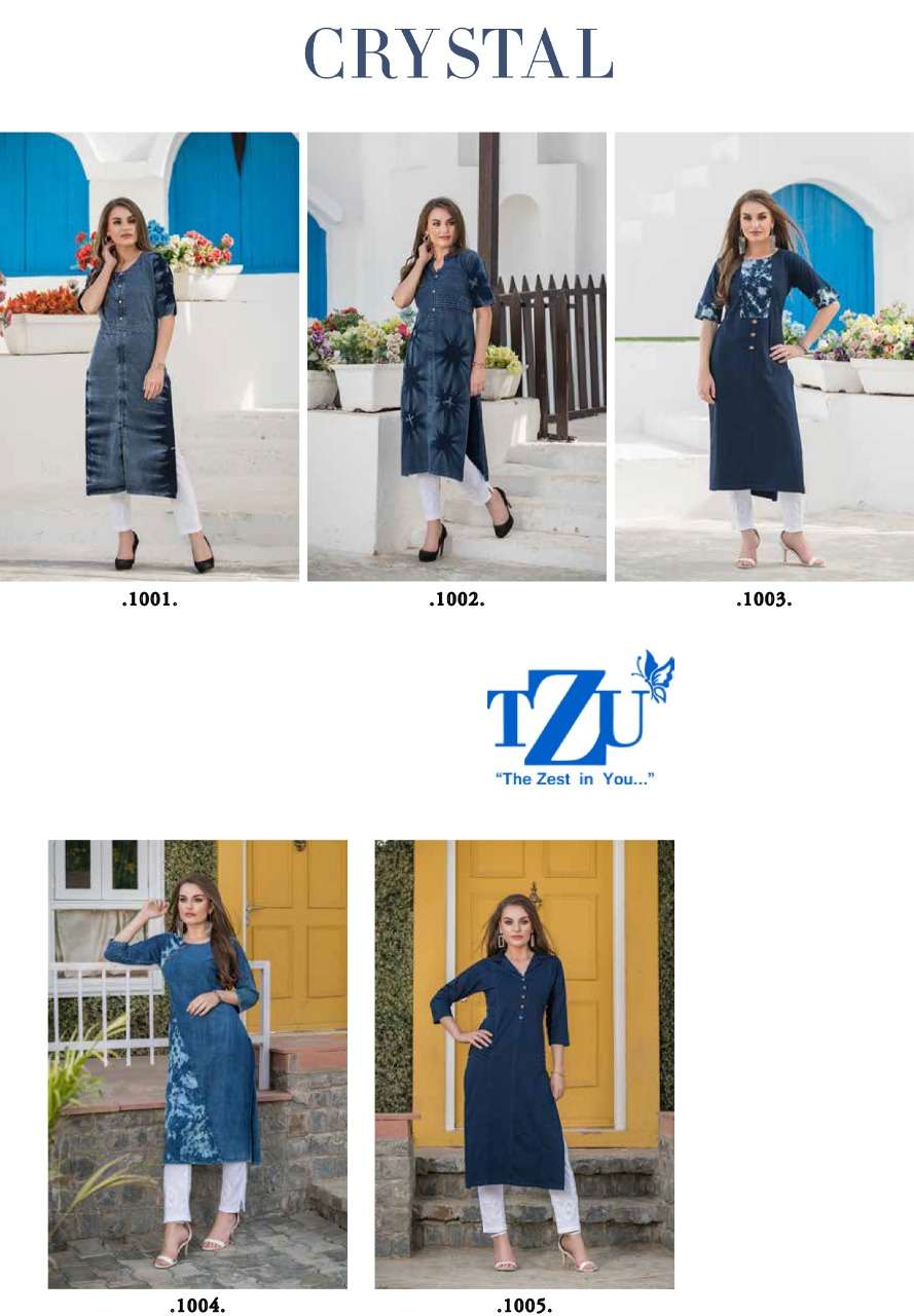 CRYSTAL BY TZU 1001 TO 1005 SERIES BEAUTIFUL STYLISH FANCY COLORFUL CASUAL WEAR & ETHNIC WEAR DENIM PRINTED KURTIS AT WHOLESALE PRICE