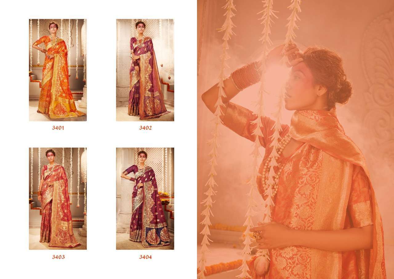 MIRA SILK BY MONJOLIKA 3401 TO 3404 SERIES INDIAN TRADITIONAL WEAR COLLECTION BEAUTIFUL STYLISH FANCY COLORFUL PARTY WEAR & OCCASIONAL WEAR BANARASI SILK SAREES AT WHOLESALE PRICE