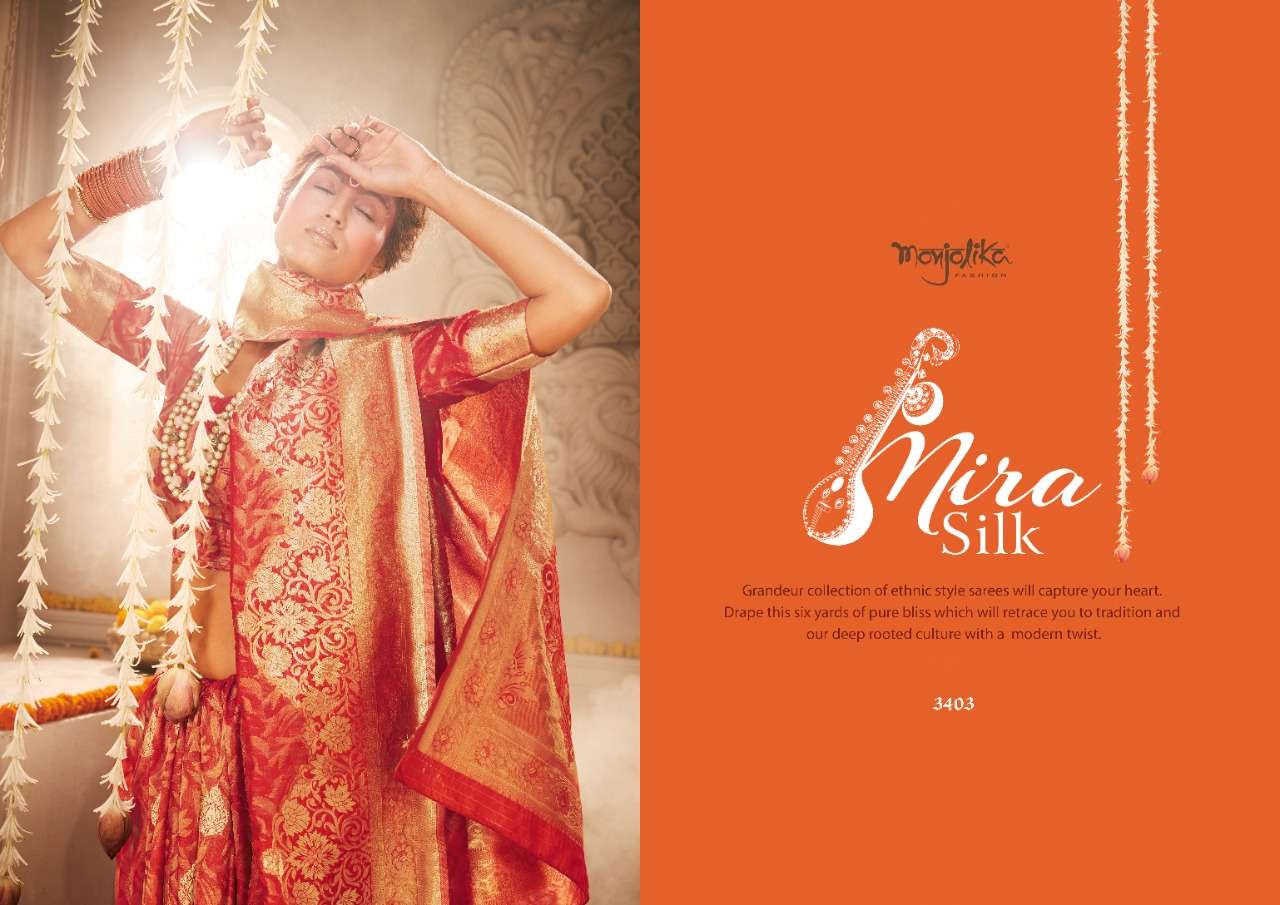 MIRA SILK BY MONJOLIKA 3401 TO 3404 SERIES INDIAN TRADITIONAL WEAR COLLECTION BEAUTIFUL STYLISH FANCY COLORFUL PARTY WEAR & OCCASIONAL WEAR BANARASI SILK SAREES AT WHOLESALE PRICE