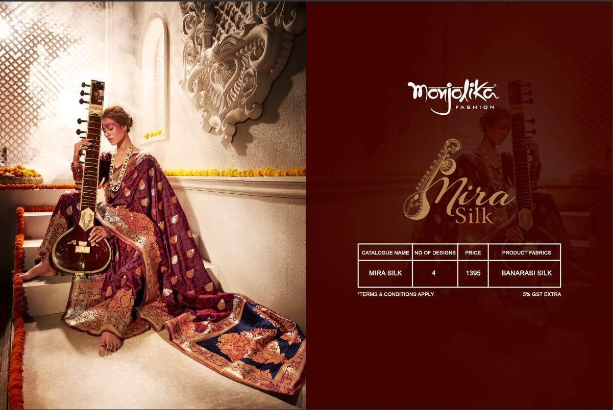 MIRA SILK BY MONJOLIKA 3401 TO 3404 SERIES INDIAN TRADITIONAL WEAR COLLECTION BEAUTIFUL STYLISH FANCY COLORFUL PARTY WEAR & OCCASIONAL WEAR BANARASI SILK SAREES AT WHOLESALE PRICE