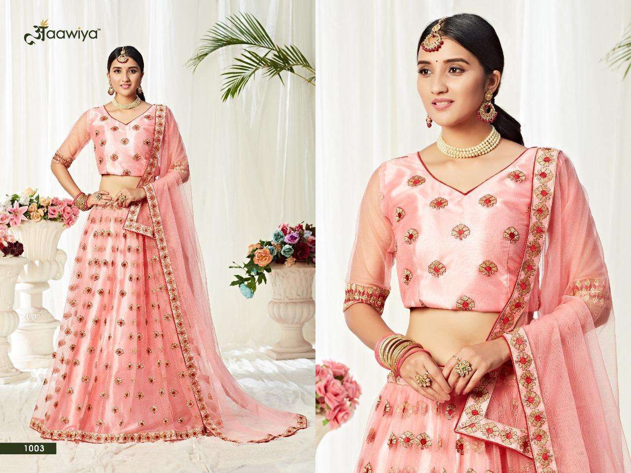 Agnilekha By Aawiya 1001 To 1005 Series Indian Traditional Beautiful Stylish Designer Banarasi Silk Jacquard Embroidered Party Wear Net Lehengas At Wholesale Price