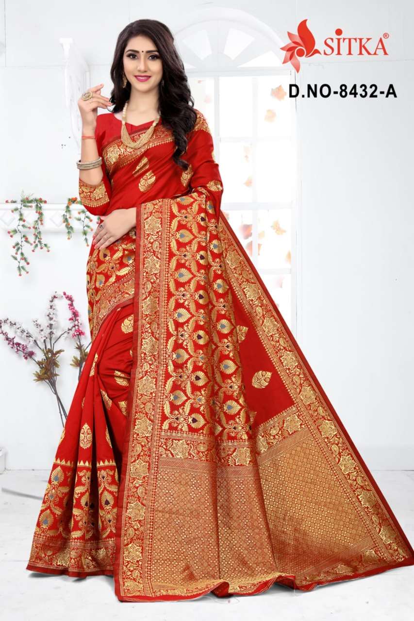 SARGAM 8432 BY SITKA 8432-A TO 8432-D SERIES INDIAN TRADITIONAL WEAR COLLECTION BEAUTIFUL STYLISH FANCY COLORFUL PARTY WEAR & OCCASIONAL WEAR HANDLOOM JACQUARD SILK SAREES AT WHOLESALE PRICE