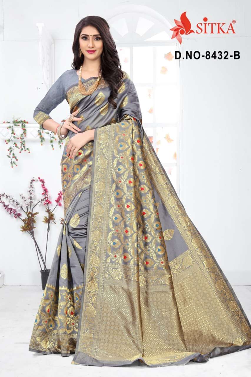 SARGAM 8432 BY SITKA 8432-A TO 8432-D SERIES INDIAN TRADITIONAL WEAR COLLECTION BEAUTIFUL STYLISH FANCY COLORFUL PARTY WEAR & OCCASIONAL WEAR HANDLOOM JACQUARD SILK SAREES AT WHOLESALE PRICE