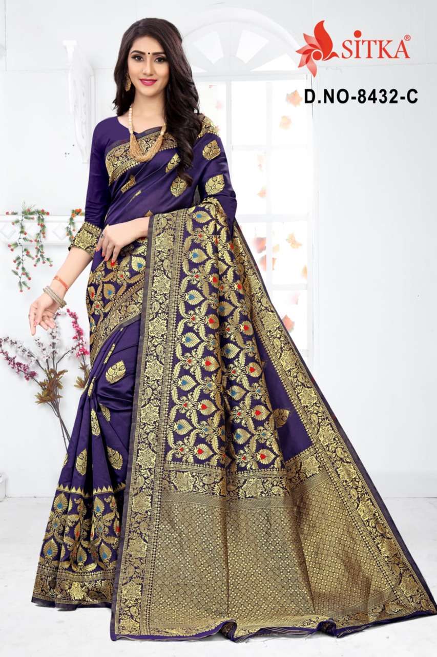 SARGAM 8432 BY SITKA 8432-A TO 8432-D SERIES INDIAN TRADITIONAL WEAR COLLECTION BEAUTIFUL STYLISH FANCY COLORFUL PARTY WEAR & OCCASIONAL WEAR HANDLOOM JACQUARD SILK SAREES AT WHOLESALE PRICE