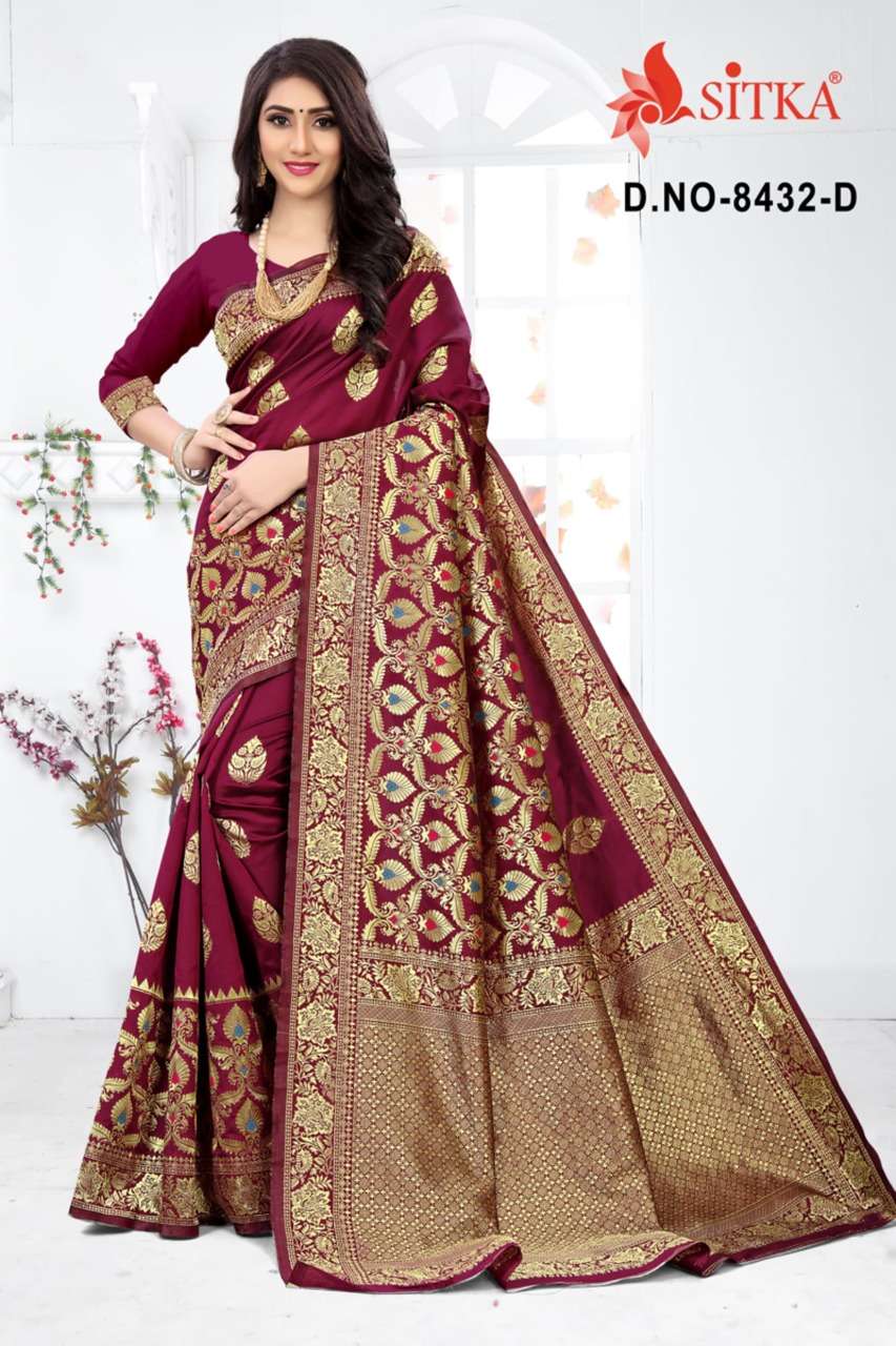 SARGAM 8432 BY SITKA 8432-A TO 8432-D SERIES INDIAN TRADITIONAL WEAR COLLECTION BEAUTIFUL STYLISH FANCY COLORFUL PARTY WEAR & OCCASIONAL WEAR HANDLOOM JACQUARD SILK SAREES AT WHOLESALE PRICE