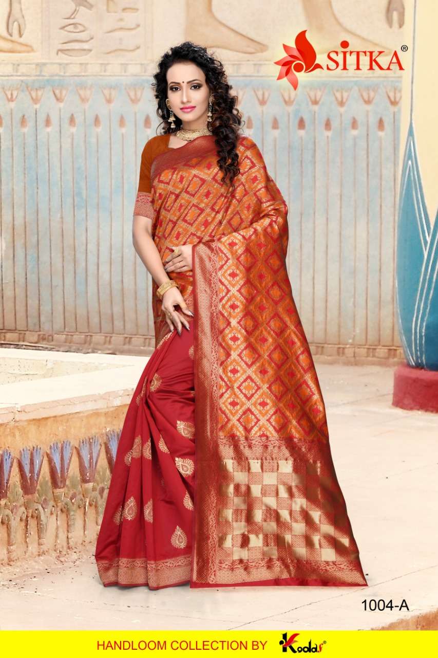 NEW GIRL 1004 BY SITKA 1004-A TO 1004-D SERIES INDIAN TRADITIONAL WEAR COLLECTION BEAUTIFUL STYLISH FANCY COLORFUL PARTY WEAR & OCCASIONAL WEAR HANDLOOM JACQUARD SILK SAREES AT WHOLESALE PRICE