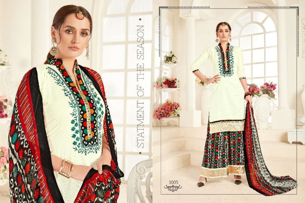 AFZZA VOL-3 BY RAVI CREATION 3001 TO 3008 SERIES DESIGNER SHARARA SUITS BEAUTIFUL STYLISH FANCY COLORFUL PARTY WEAR & OCCASIONAL WEAR PURE JAM SATIN EMBROIDERED DRESSES AT WHOLESALE PRICE