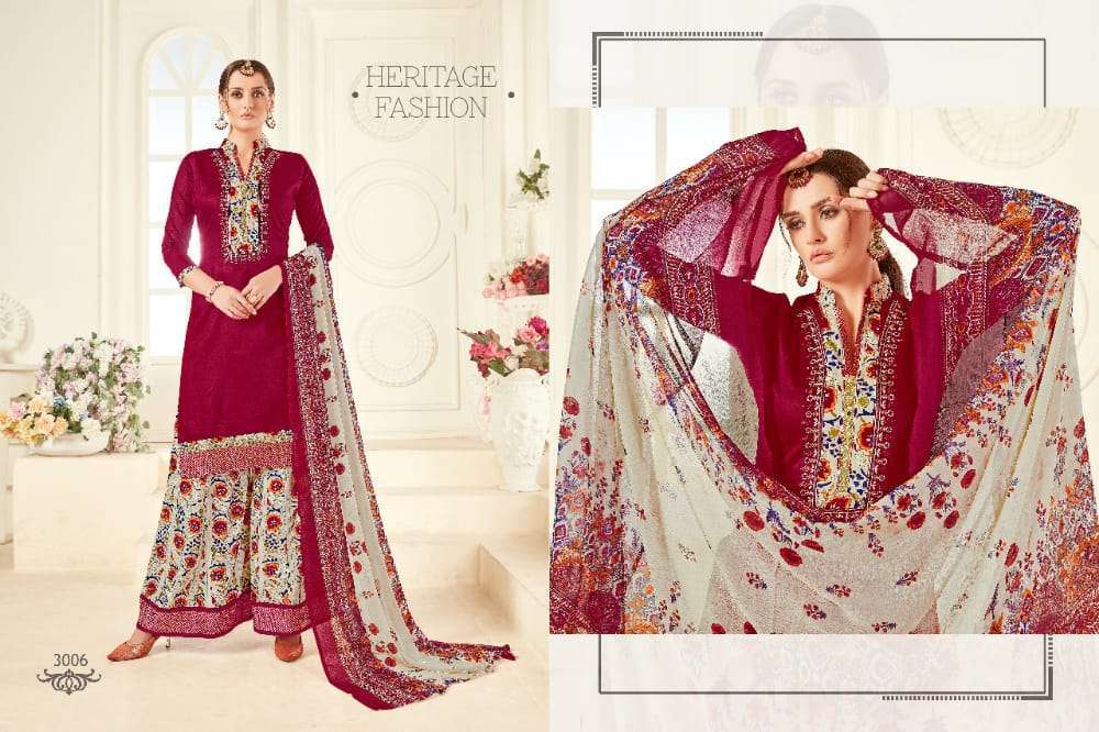 AFZZA VOL-3 BY RAVI CREATION 3001 TO 3008 SERIES DESIGNER SHARARA SUITS BEAUTIFUL STYLISH FANCY COLORFUL PARTY WEAR & OCCASIONAL WEAR PURE JAM SATIN EMBROIDERED DRESSES AT WHOLESALE PRICE
