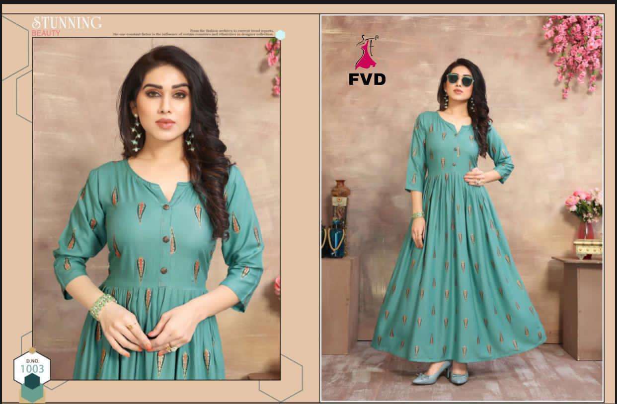 GOLDAN CITY VOL-1 BY FVD 1001 TO 1006 SERIES BEAUTIFUL COLORFUL STYLISH FANCY CASUAL WEAR & ETHNIC WEAR & READY TO WEAR RAYON 14 KG GOWNS AT WHOLESALE PRICE