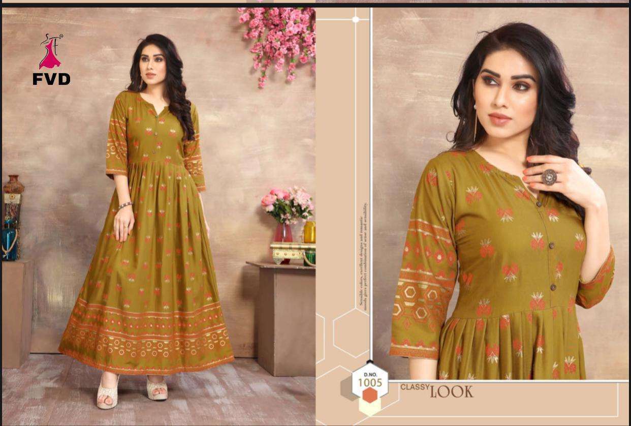 GOLDAN CITY VOL-1 BY FVD 1001 TO 1006 SERIES BEAUTIFUL COLORFUL STYLISH FANCY CASUAL WEAR & ETHNIC WEAR & READY TO WEAR RAYON 14 KG GOWNS AT WHOLESALE PRICE