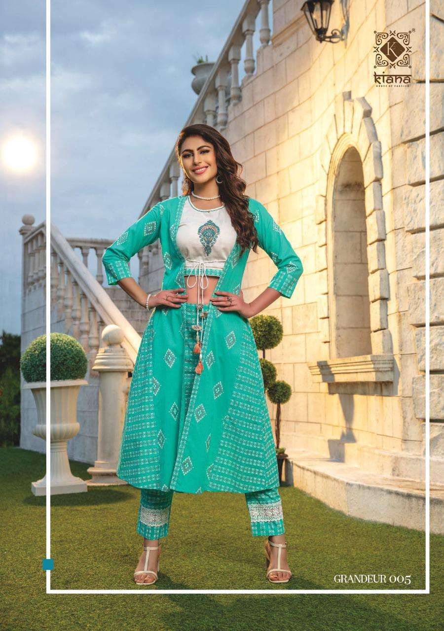 GRANDEUR BY KIANA 001 TO 006 SERIES STYLISH FANCY BEAUTIFUL COLORFUL CASUAL WEAR & ETHNIC WEAR CHANDERI SILK KURTIS WITH BOTTOM AT WHOLESALE PRICE