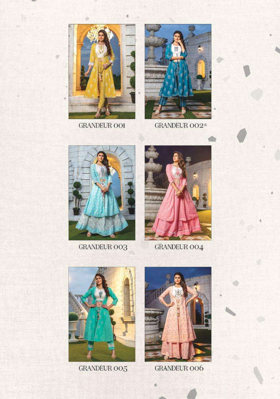 GRANDEUR BY KIANA 001 TO 006 SERIES STYLISH FANCY BEAUTIFUL COLORFUL CASUAL WEAR & ETHNIC WEAR CHANDERI SILK KURTIS WITH BOTTOM AT WHOLESALE PRICE
