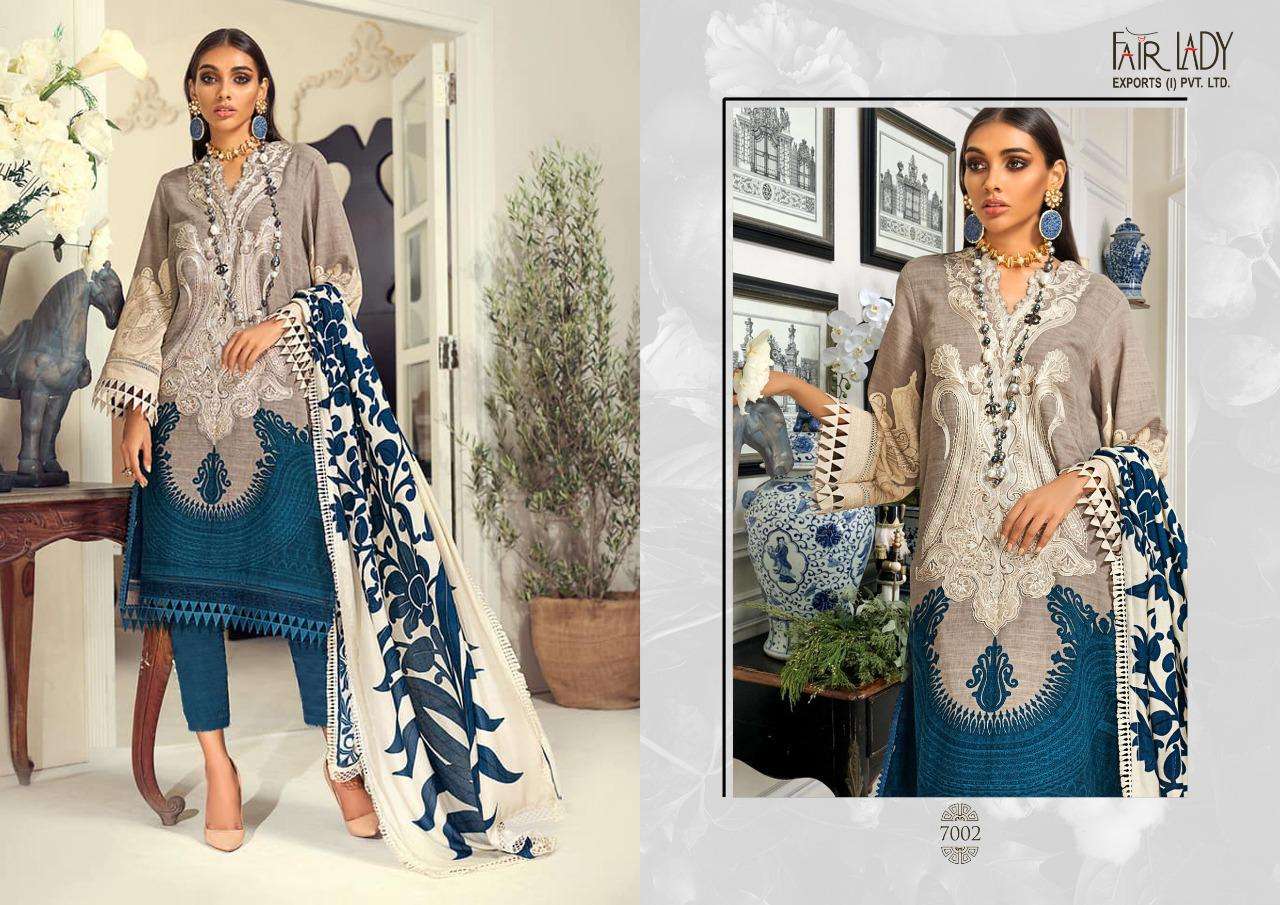 MUZLIN SANA SAFINAZ BY FAIR LADY 7001 TO 7004 SERIES BEAUTIFUL SUITS STYLISH FANCY COLORFUL PARTY WEAR & OCCASIONAL WEAR PURE JAM SATIN WITH HEAVY EMBROIDERED DRESSES AT WHOLESALE PRICE