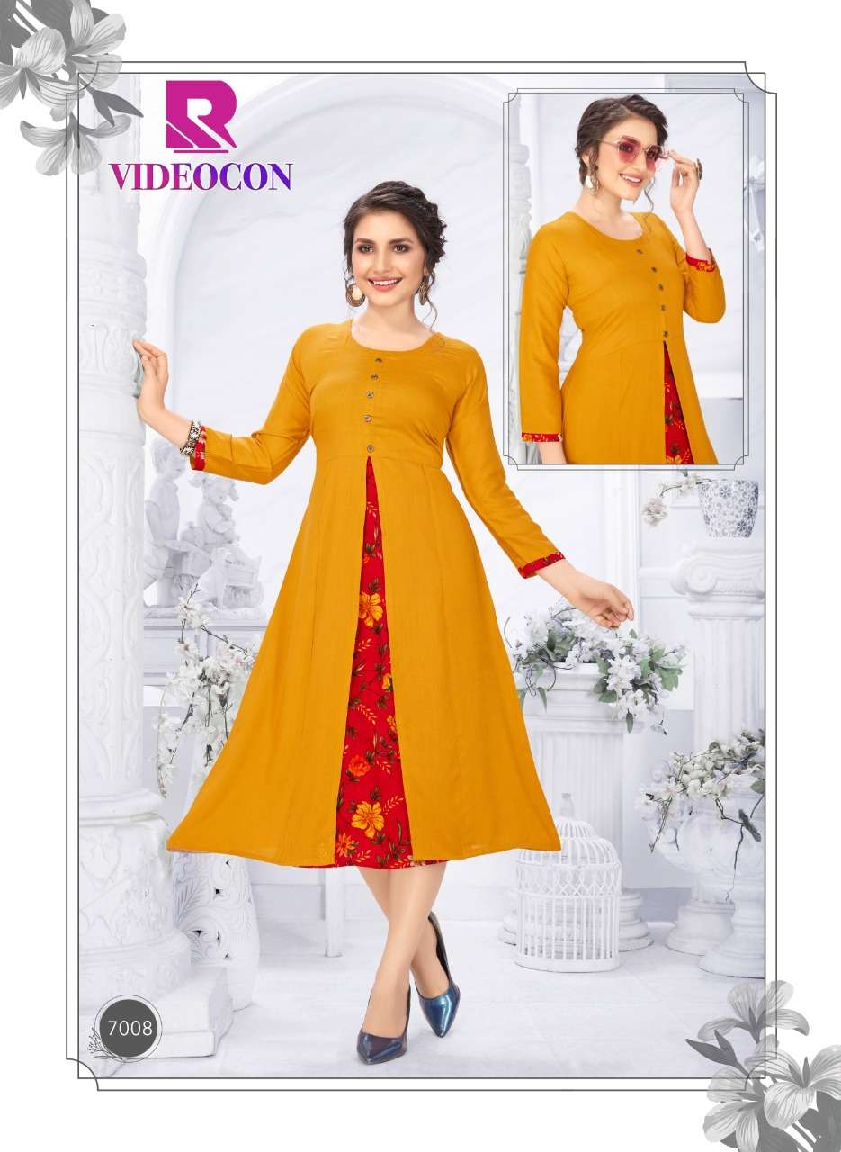 VIDEOCON BY RAASHI 7001 TO 7012 SERIES BEAUTIFUL STYLISH FANCY COLORFUL CASUAL WEAR & ETHNIC WEAR & READY TO WEAR RAYON PRINTED KURTIS AT WHOLESALE PRICE