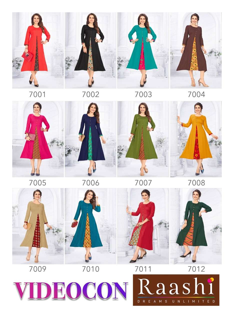 VIDEOCON BY RAASHI 7001 TO 7012 SERIES BEAUTIFUL STYLISH FANCY COLORFUL CASUAL WEAR & ETHNIC WEAR & READY TO WEAR RAYON PRINTED KURTIS AT WHOLESALE PRICE