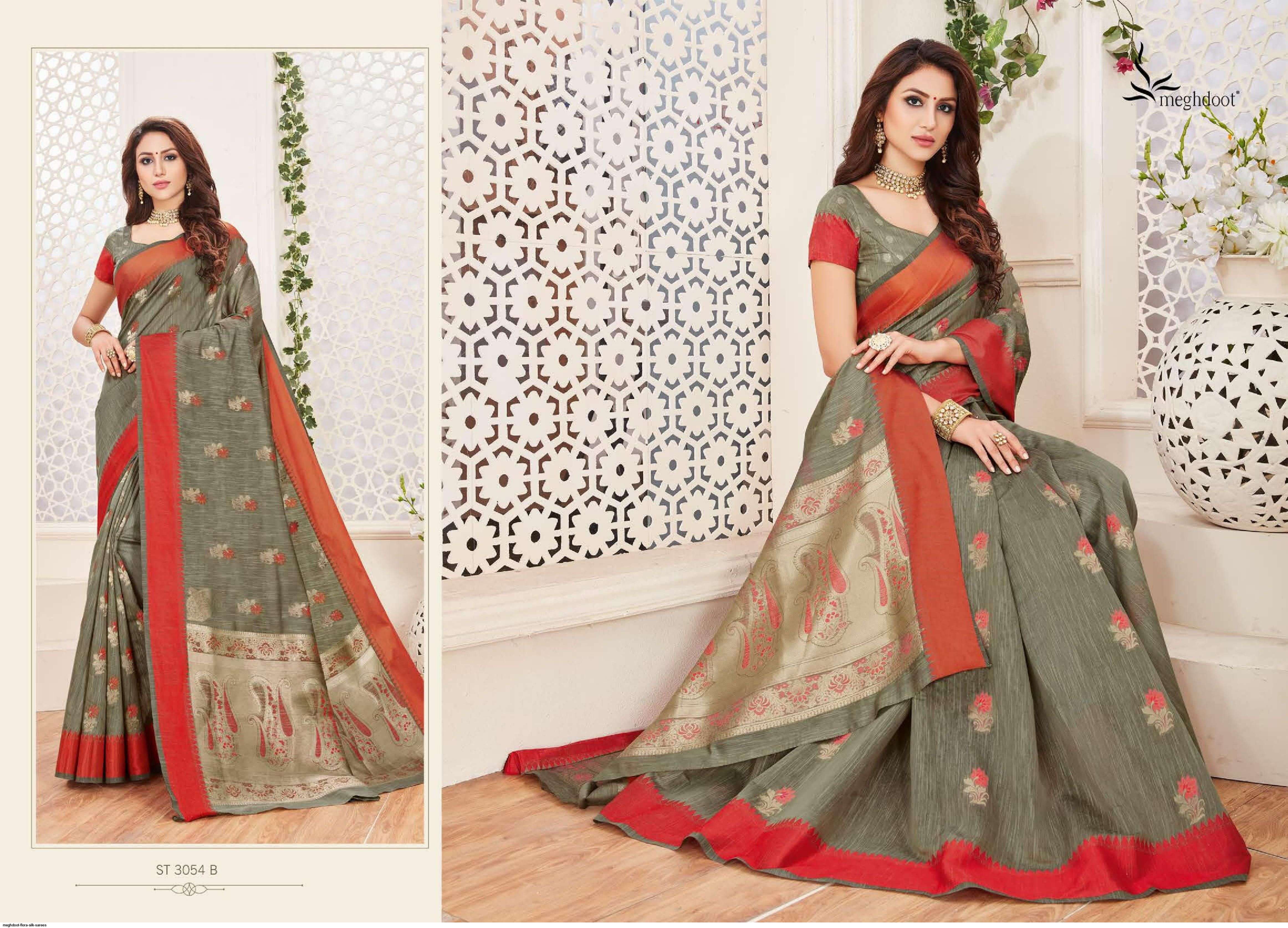 FLORA BY MEGHDOOT INDIAN TRADITIONAL WEAR COLLECTION BEAUTIFUL STYLISH FANCY COLORFUL PARTY WEAR & OCCASIONAL WEAR JUTE SILK SAREES AT WHOLESALE PRICE