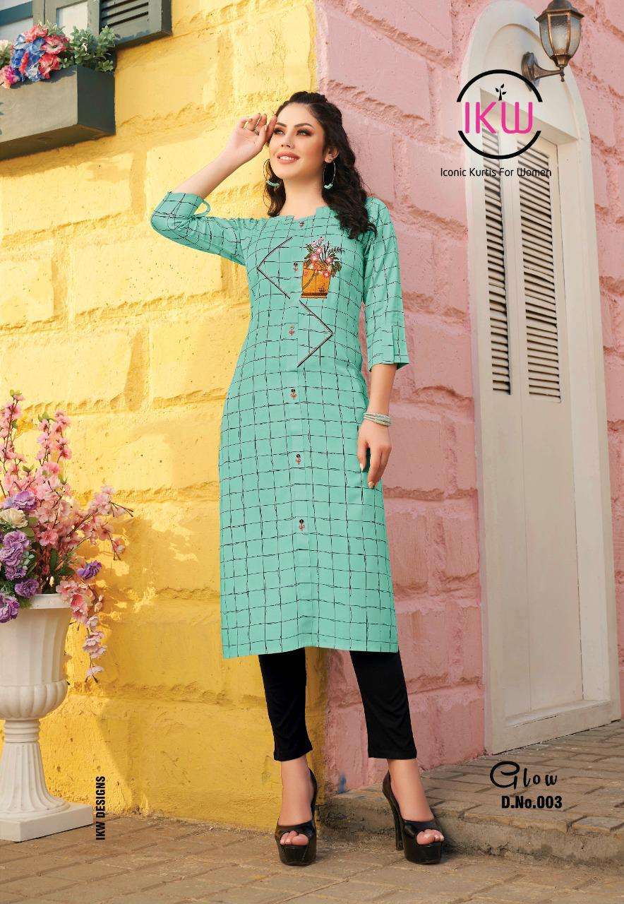 GLOW BY IKW 001 TO 008 SERIES BEAUTIFUL STYLISH FANCY COLORFUL CASUAL WEAR & ETHNIC WEAR & READY TO WEAR HEAVY RAYON WITH WORK KURTIS AT WHOLESALE PRICE
